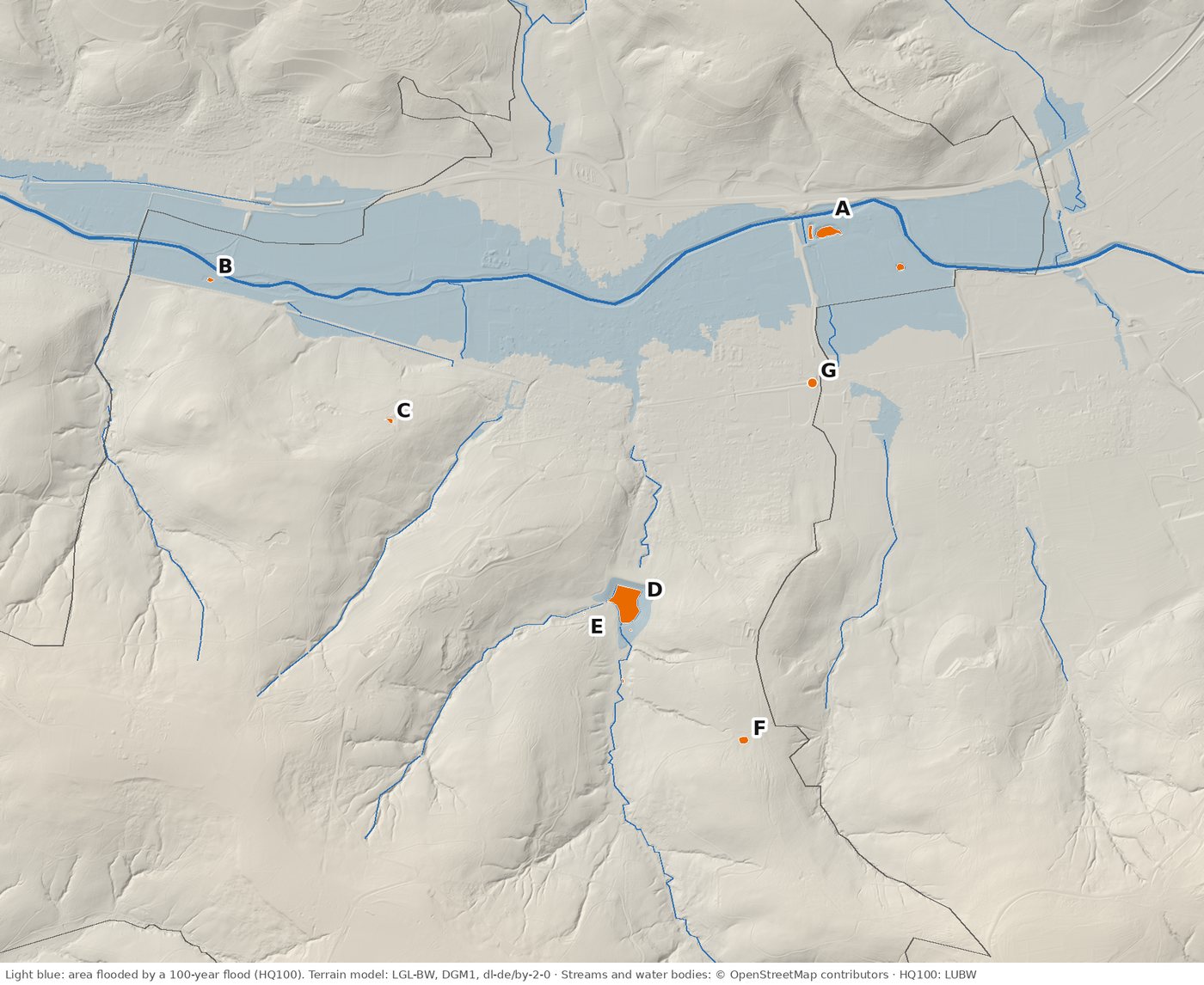 The larger water bodies in the Winterbach municipal area (orange, lettered as in the table) and the area a 100-year flood of …