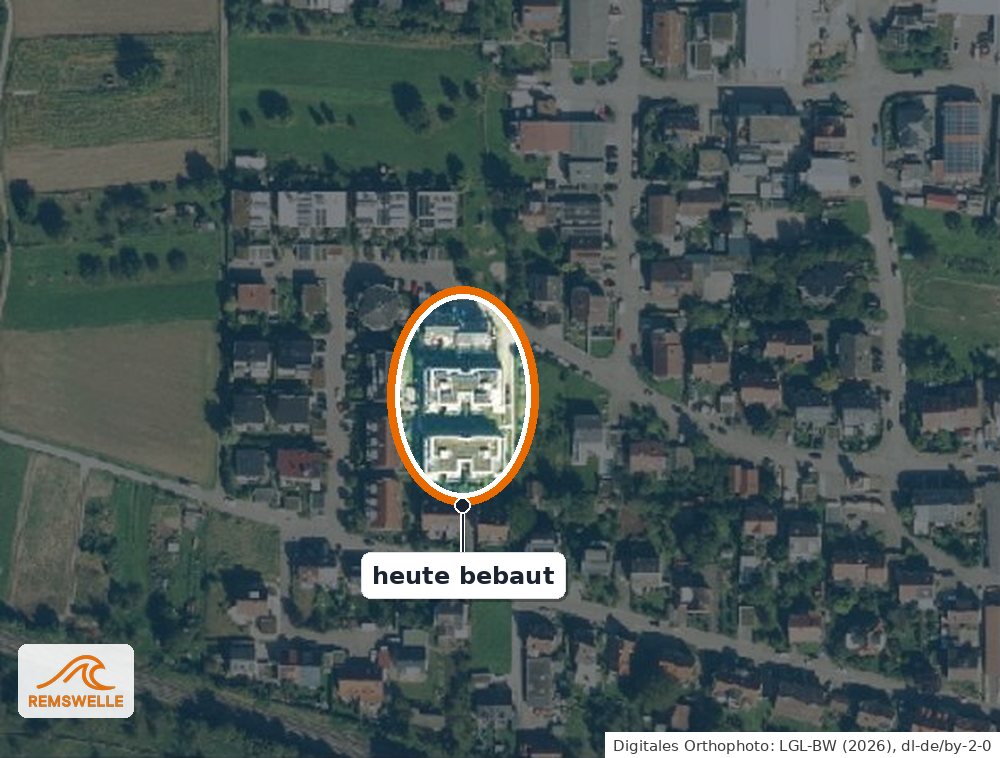 Heute ist die Fläche bebaut. Digitales Orthophoto, LGL-BW (2026), dl-de/by-2-0.