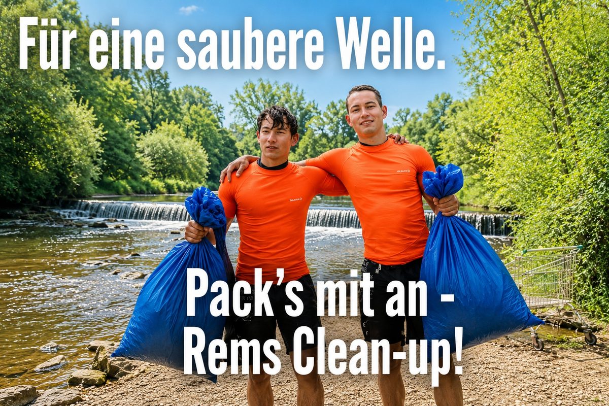 Zwei junge Männer in orangen Shirts mit blauen Müllsäcken am Remsufer