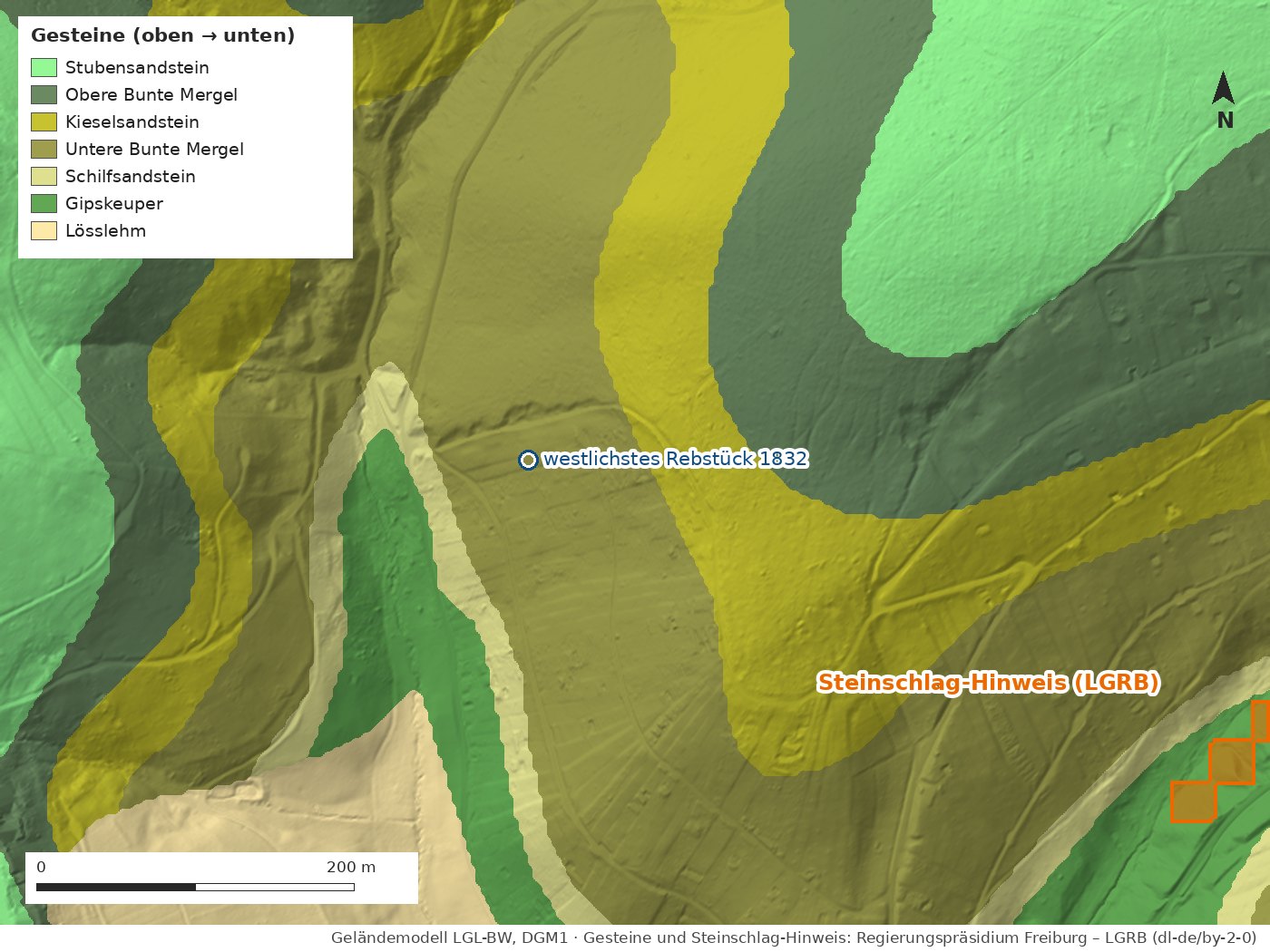 Derselbe Ausschnitt mit den Gesteinen der Geologischen Karte: Untere Bunte Mergel, Kieselsandstein, Obere Bunte Mergel und Stubensandstein, unten Schilfsandstein und Gipskeuper