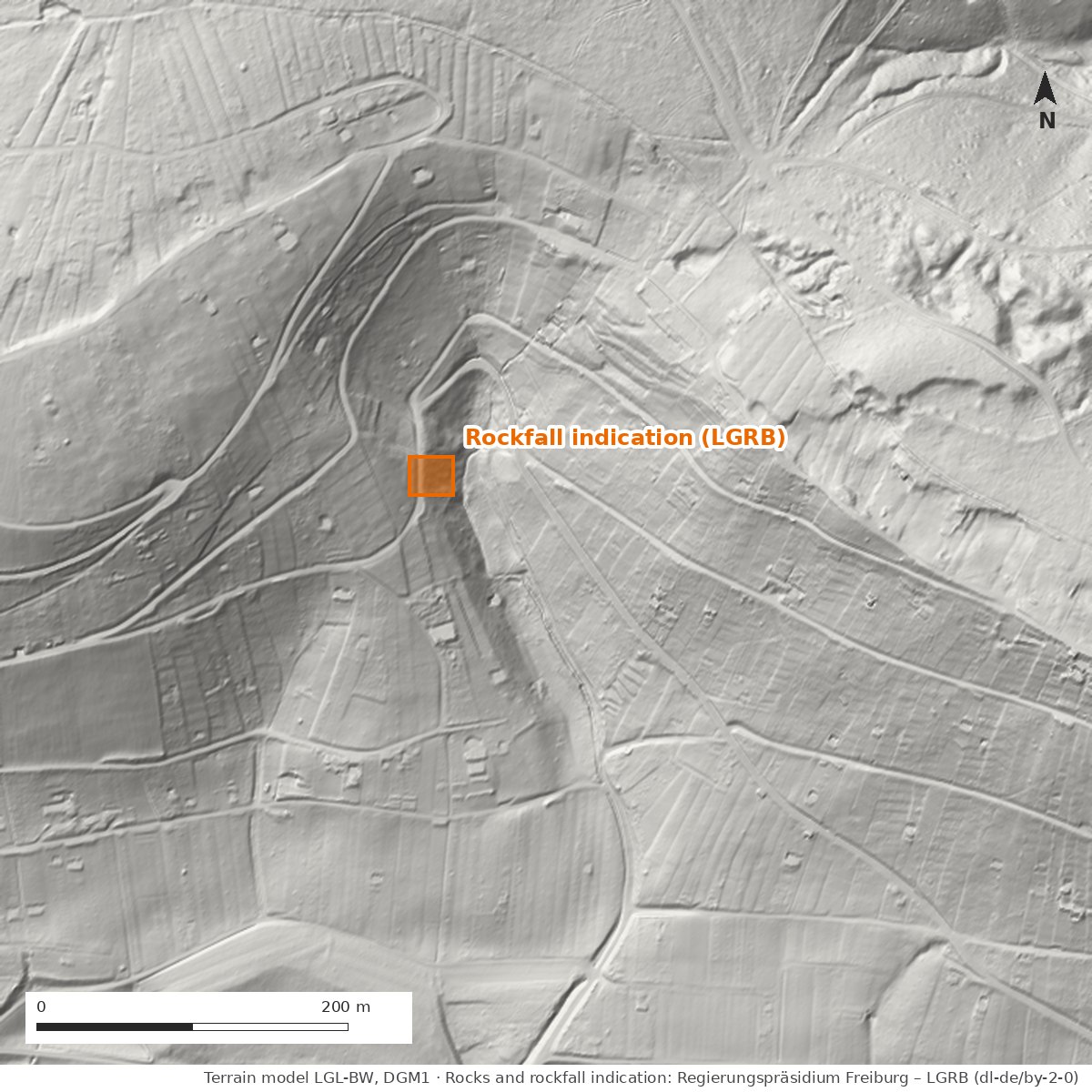Hillshade of the terrain model at the Höffenklinge with a small rockfall indication of the State Office at the upper end of the ravine