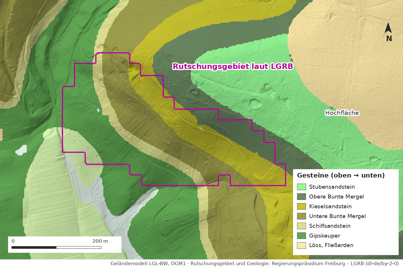 Derselbe Ausschnitt mit den Gesteinen der Geologischen Karte: von unten Gipskeuper, Schilfsandstein, Untere Bunte Mergel, Kieselsandstein, Obere Bunte Mergel und oben Stubensandstein mit Löss