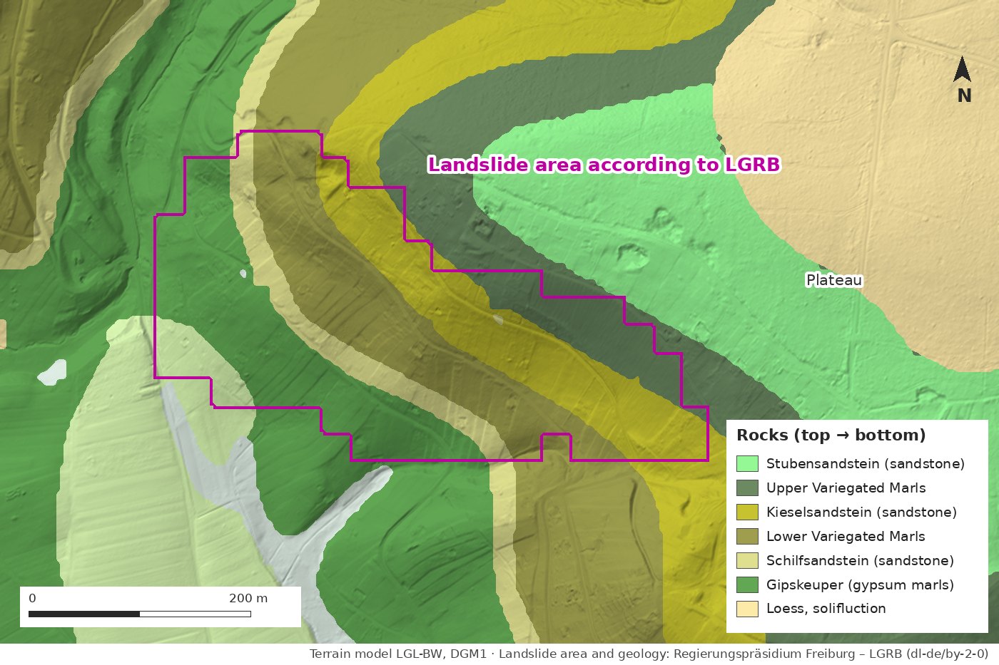 The same section with the rocks of the geological map: from the bottom Gipskeuper, Schilfsandstein, Lower Variegated Marls, Kieselsandstein, Upper Variegated Marls and on top Stubensandstein with loess