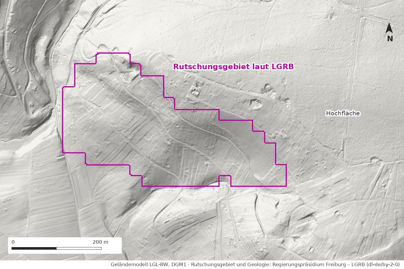 Schummerung des Geländemodells am Südwesthang des Hungerbergs mit dem treppig umrandeten Rutschungsgebiet des Landesamts für Geologie