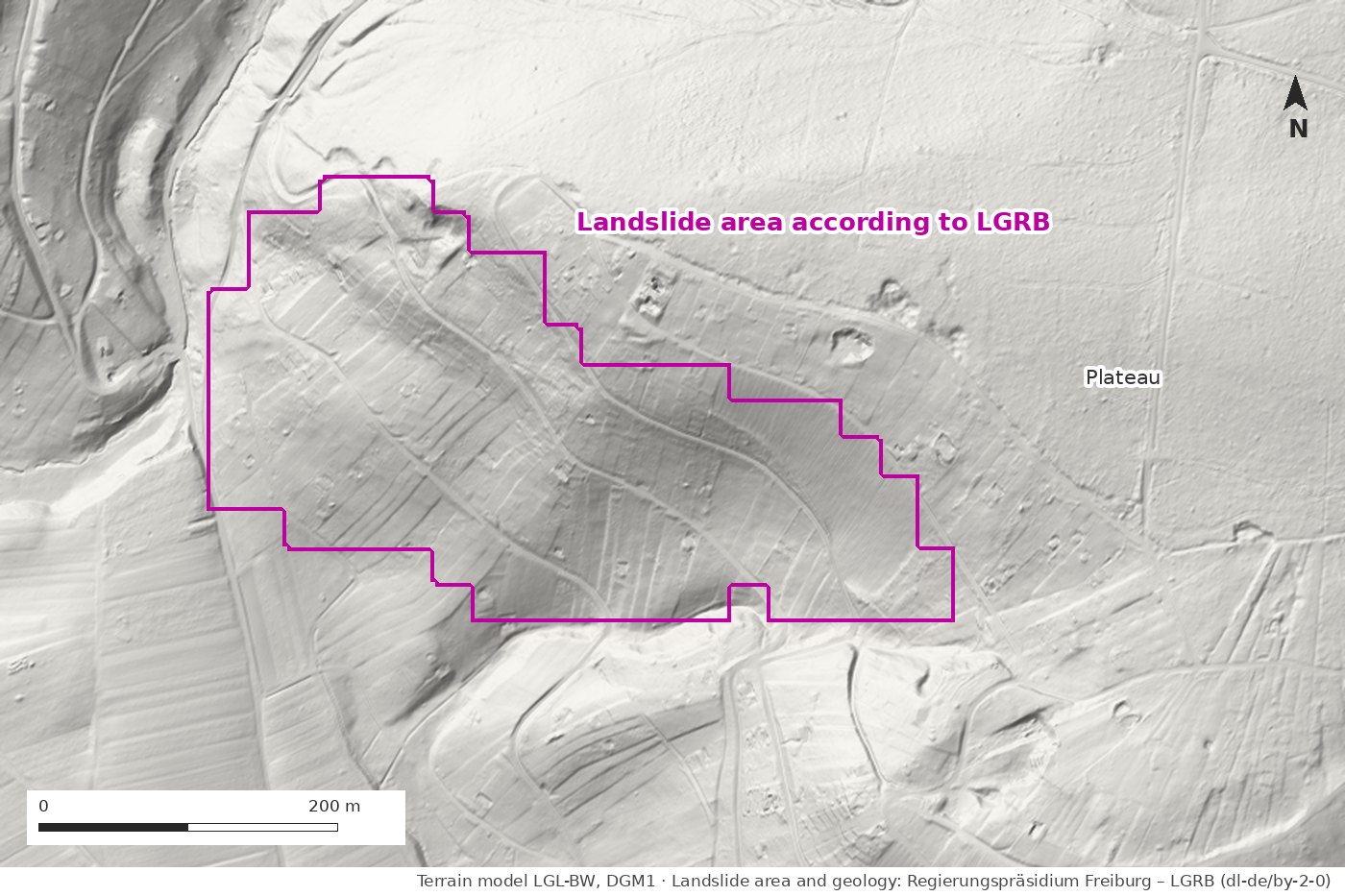 Hillshade of the terrain model on the south-west slope of the Hungerberg with the stepped outline of the landslide area of the State Office for Geology