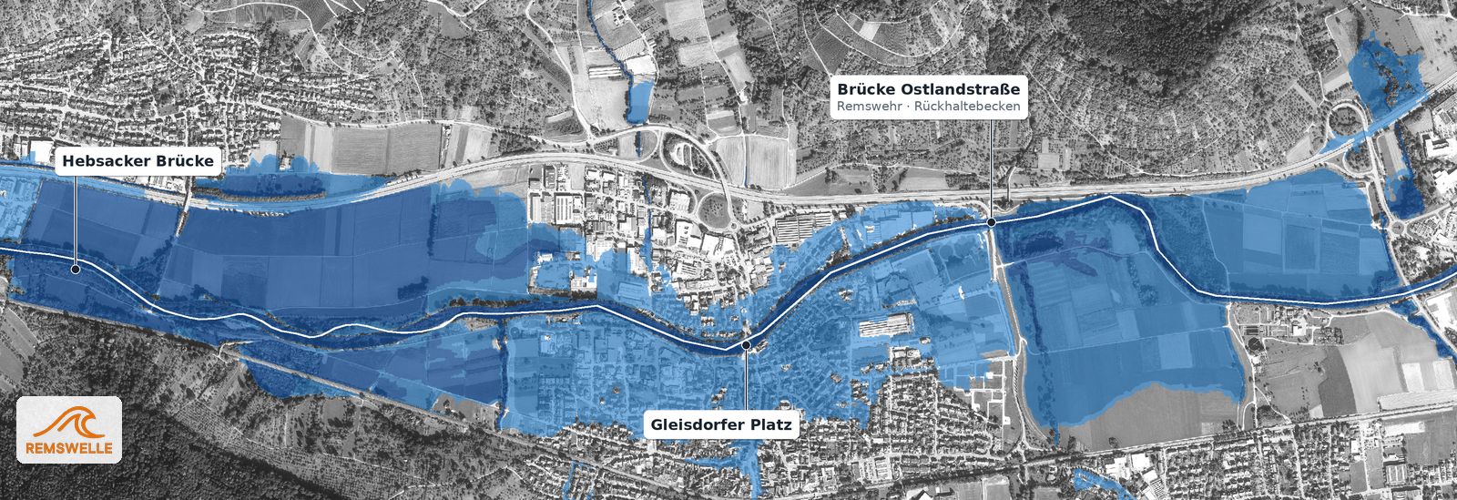 Etwa alle 100 Jahre (HQ100): Auch größere bebaute Flächen südlich der Rems und Gewerbeflächen im Norden stehen unter Wasser.