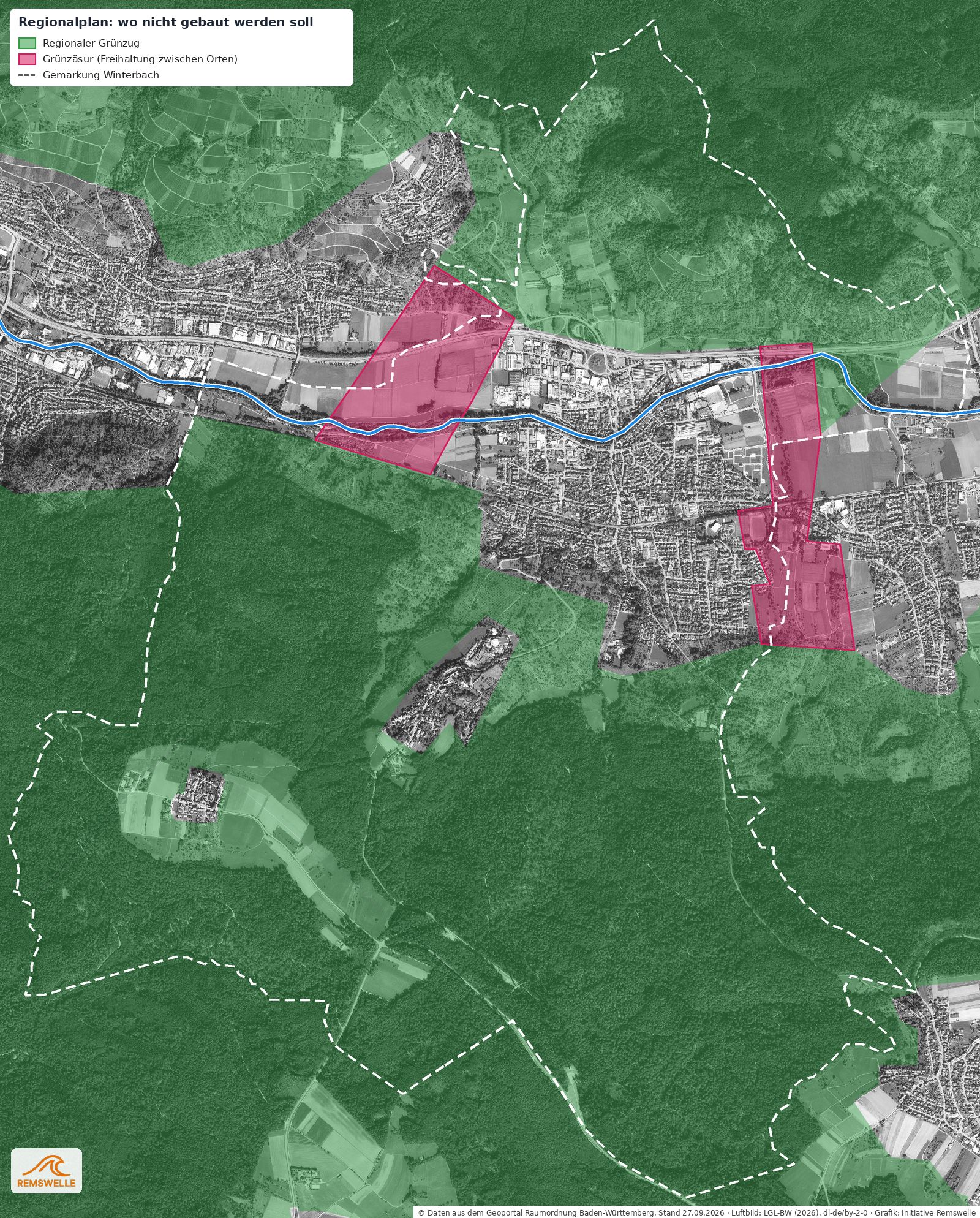 Regionale Grünzüge (grün) und Grünzäsuren (magenta) des Regionalplans Region Stuttgart auf der Gemarkung Winterbach, dazu …