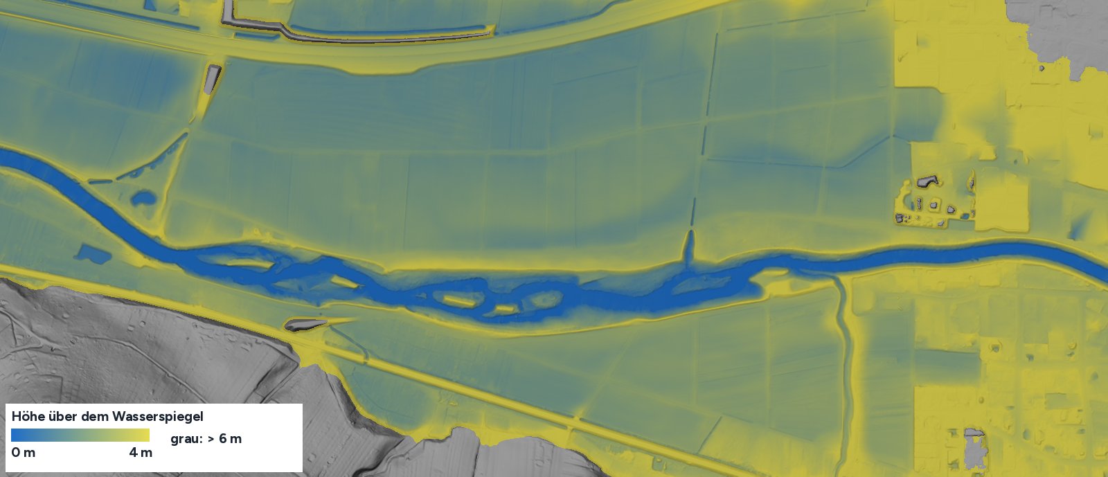 Die Rems zwischen Hebsacker Brücke und Kläranlage im Geländemodell, eingefärbt nach der Höhe über dem Wasserspiegel