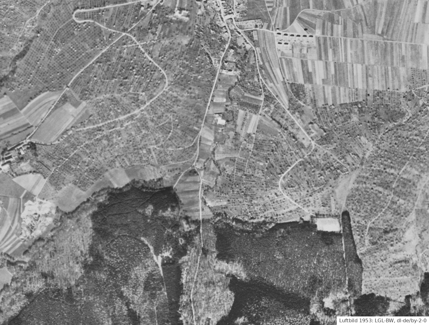 Luftbild 1953: das Lehenbachtal südlich von Winterbach vor dem Bau des Stausees, mit Wiesen, Obstbäumen und dem Bach