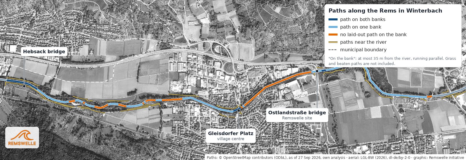 The Rems in Winterbach, coloured by paths on the bank