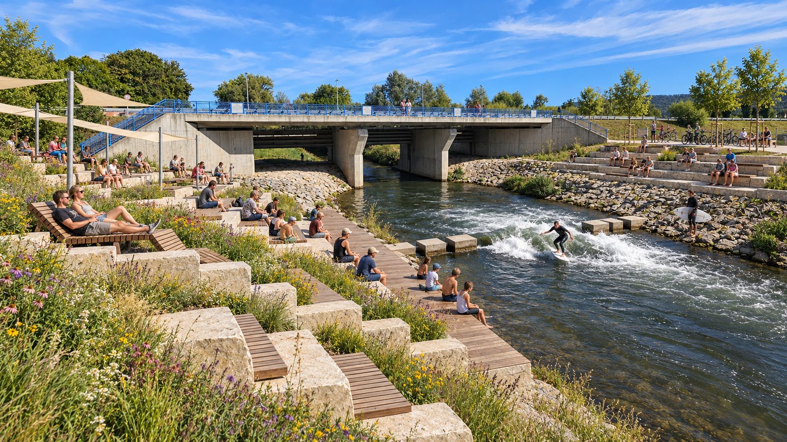 Visualisierung: kleine Welle an den teilweise geschlossenen Trittsteinen unterhalb der Brücke, Sitzstufen mit Holzauflagen, Liegen, Sonnensegel und Blumen am linken Ufer, Sitzstufen rechts, viele Menschen schauen zu