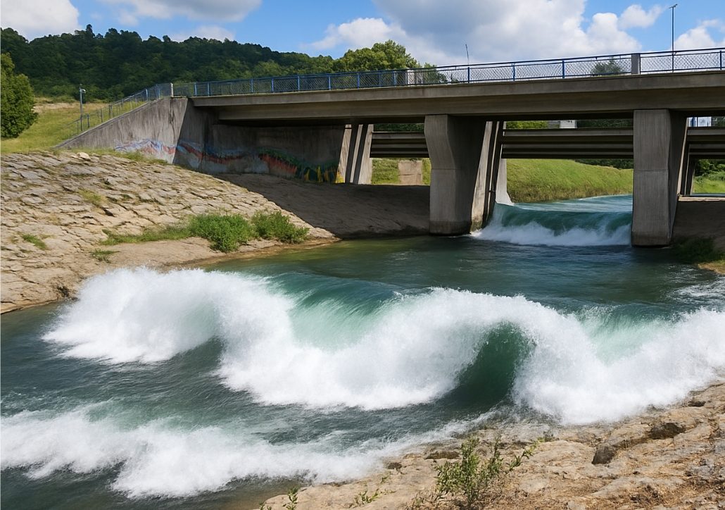 Visualisierung der beiden Varianten: Welle an den Trittsteinen und Welle direkt unter der Brücke (Wehr)
