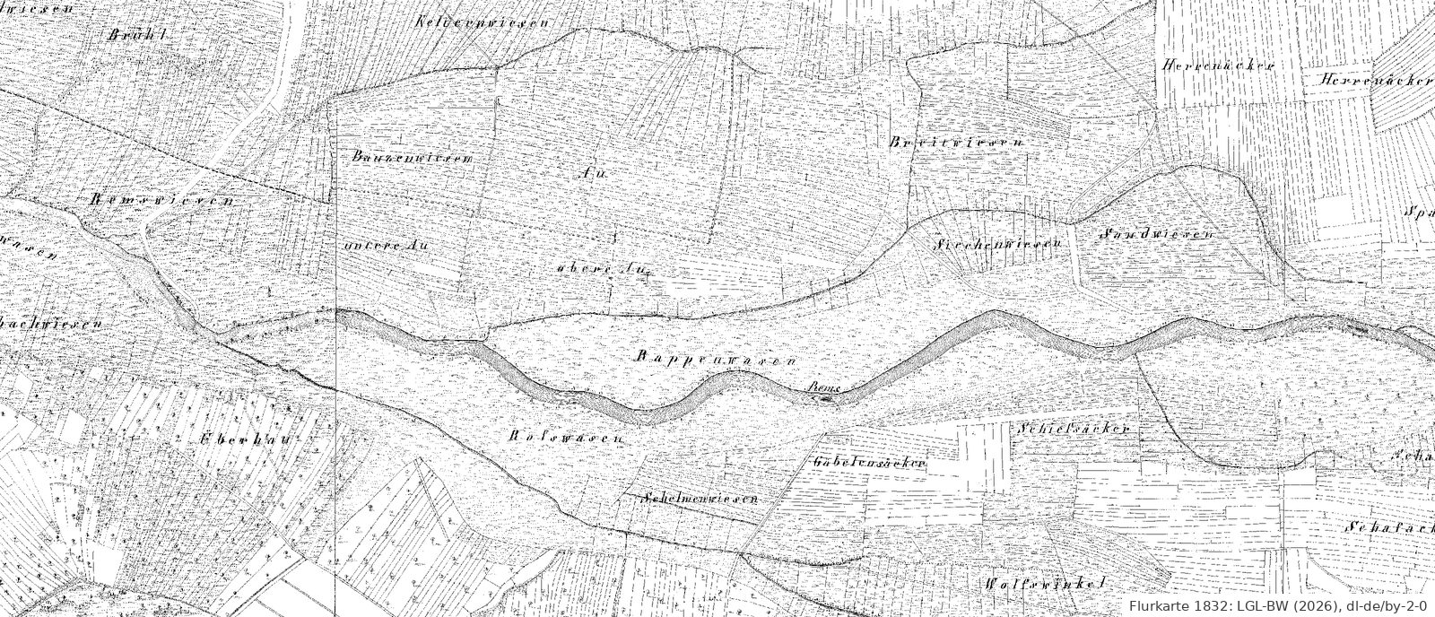 Württembergische Flurkarte von 1832: die gewundene Rems zwischen Hebsacker Brücke und Kläranlage