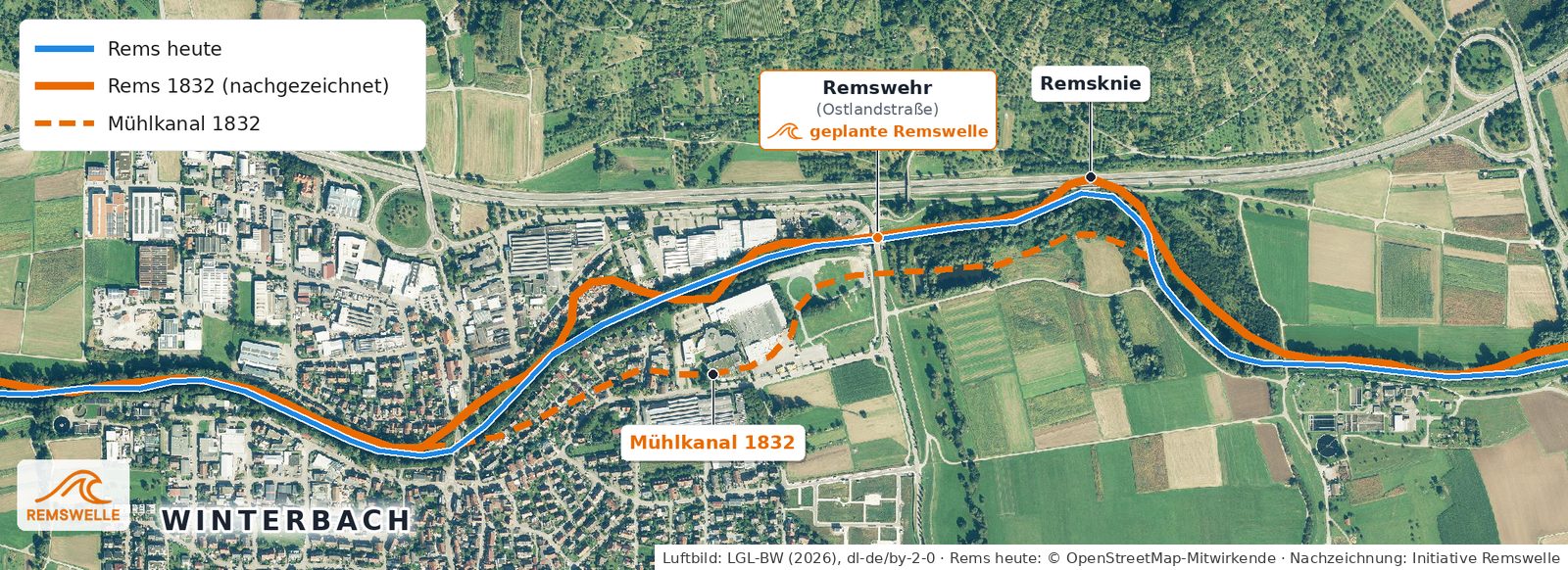 Luftbild von Winterbach mit dem heutigen Remslauf (blau) und dem nachgezeichneten Lauf von 1832 (orange)