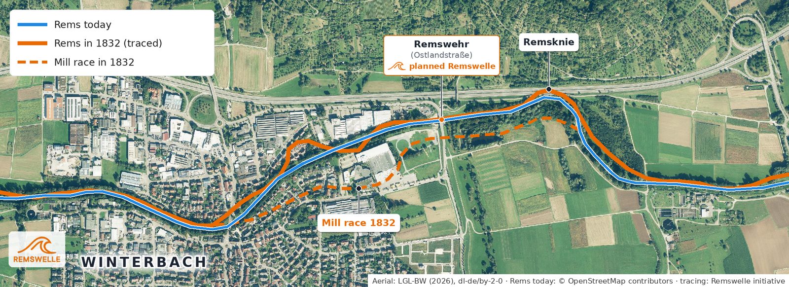 Aerial photo of Winterbach with the present course of the Rems (blue) and the traced course of 1832 (orange)