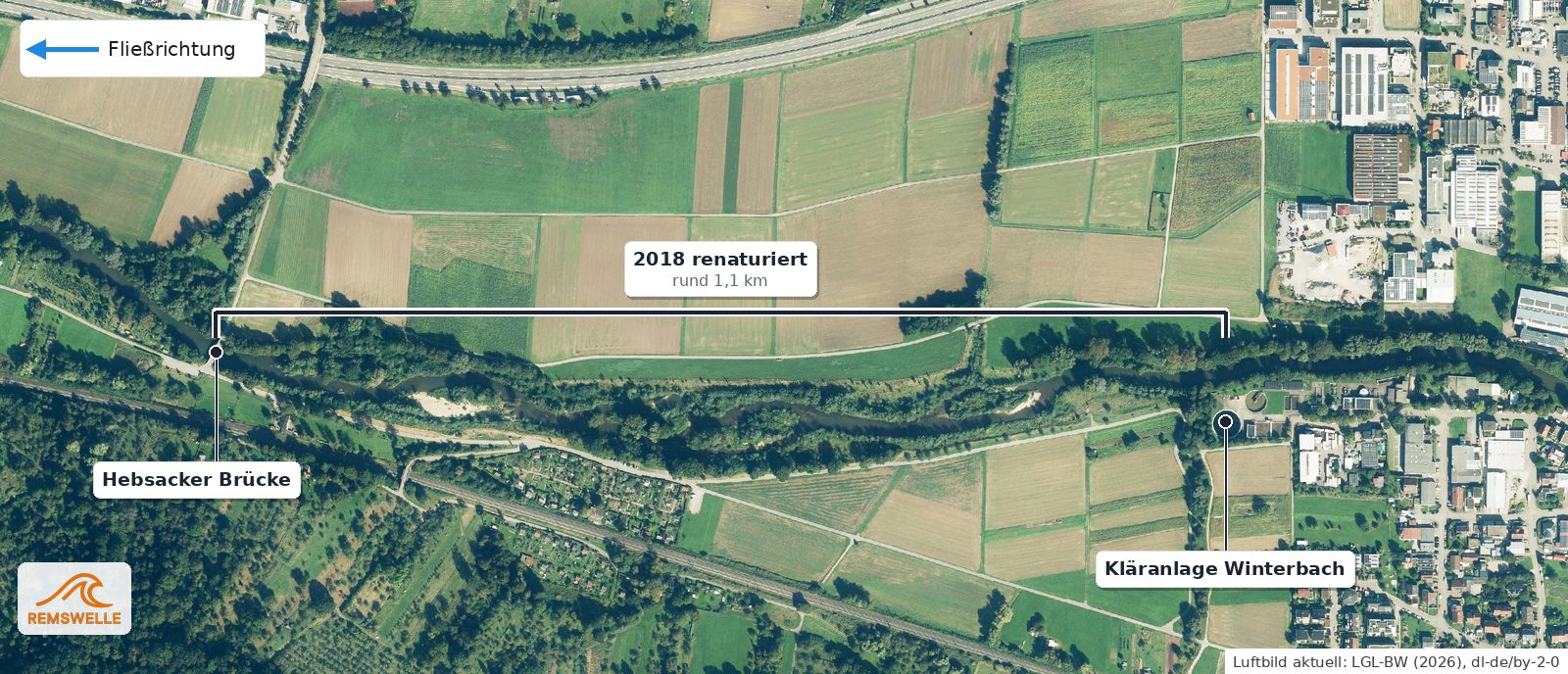 Luftbild heute: der renaturierte Abschnitt der Rems mit aufgeweitetem Bett, Inseln und Kiesbänken, markiert mit einer Klammer