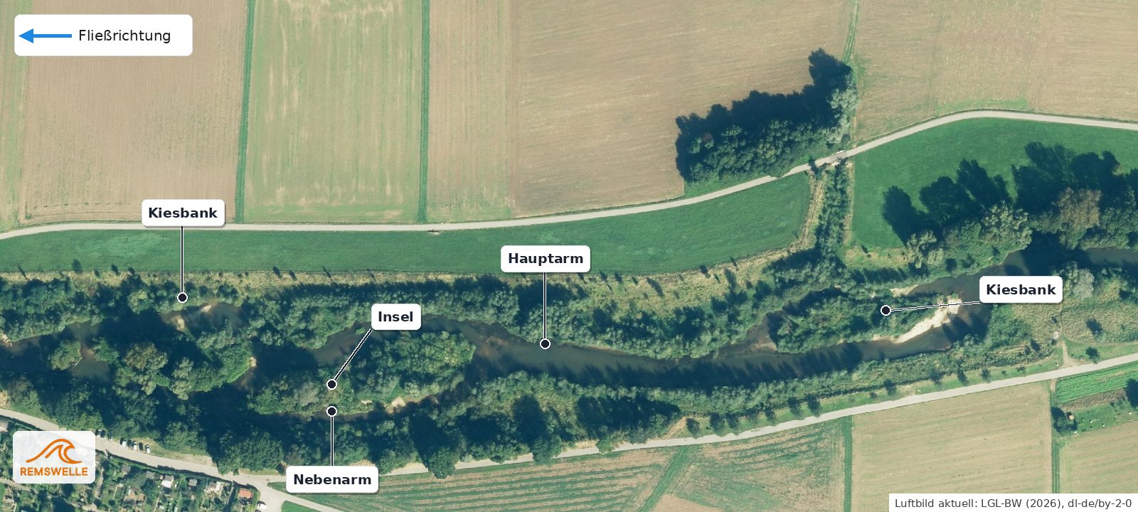 Nahansicht heute: Hauptarm, Nebenarm, bewachsene Insel und Kiesbänke im renaturierten Abschnitt